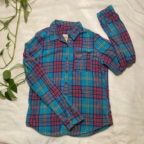 Hollister Tops - Hollister Flannel Plaid Collared Teal/Blue and Red Womens Size M